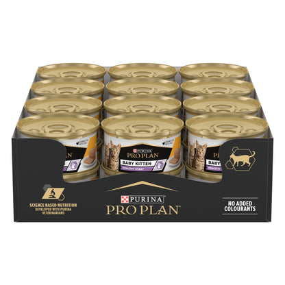Box of Purina Pro Plan cat food cans with gold and black packaging.