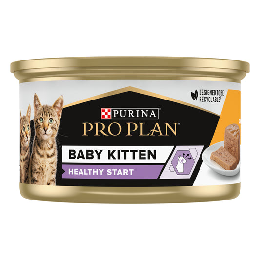 A can of Pro Plan Baby Kitten Healthy Start with images of kittens on the label and a bowl of food depicted.