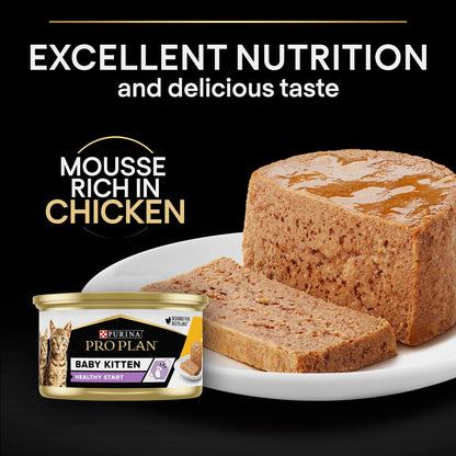 Cat food mousse with packaging and text on a black background