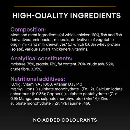 Product label detailing high-quality ingredients and nutritional additives on a black background.