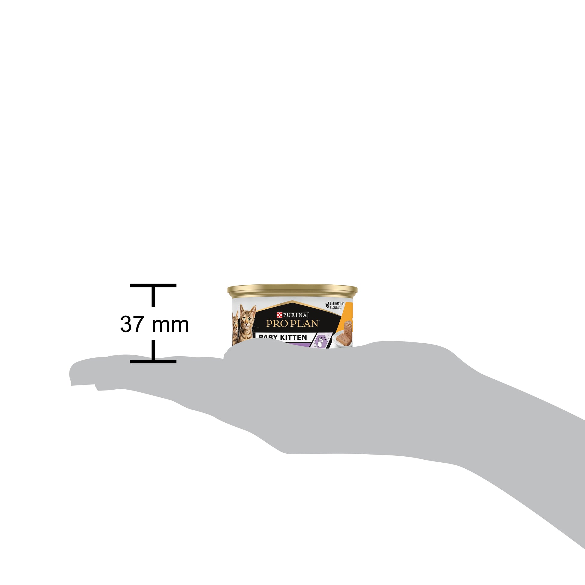 Pet food container held in a hand with a 37 mm measurement indication.