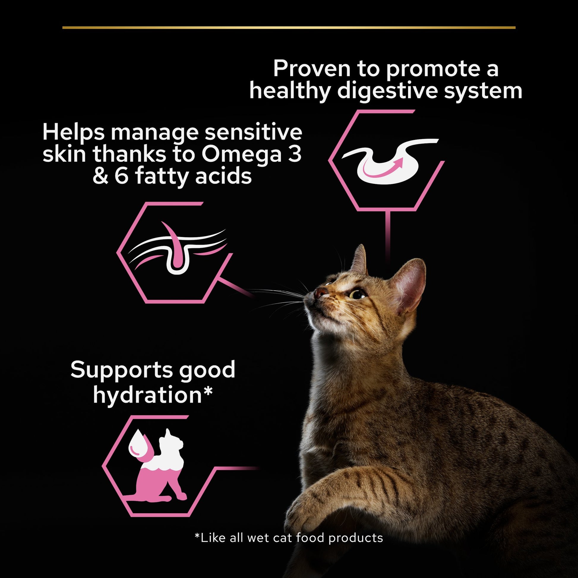 Cat looking up with text about its health benefits on a black background