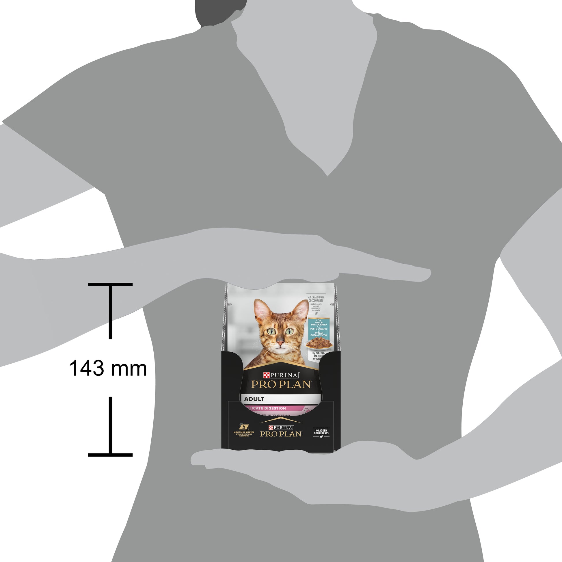 Pro Plan cat food package held in a hand with dimensions indicated.