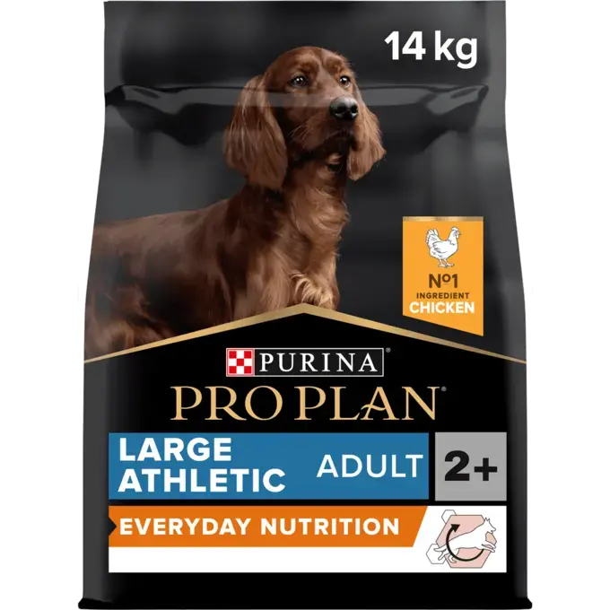 A bag of Pro Plan Everyday Nutrition Large Athletic Adult dry dog food with chicken. The bag is predominantly black and orange with an image of a dog on the front.