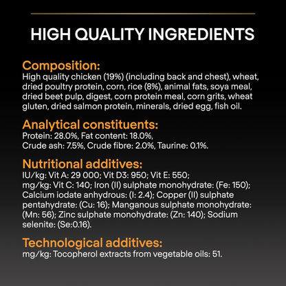 List of high quality ingredients, analytical constituents, nutritional additives, and technological additives on a black background.
