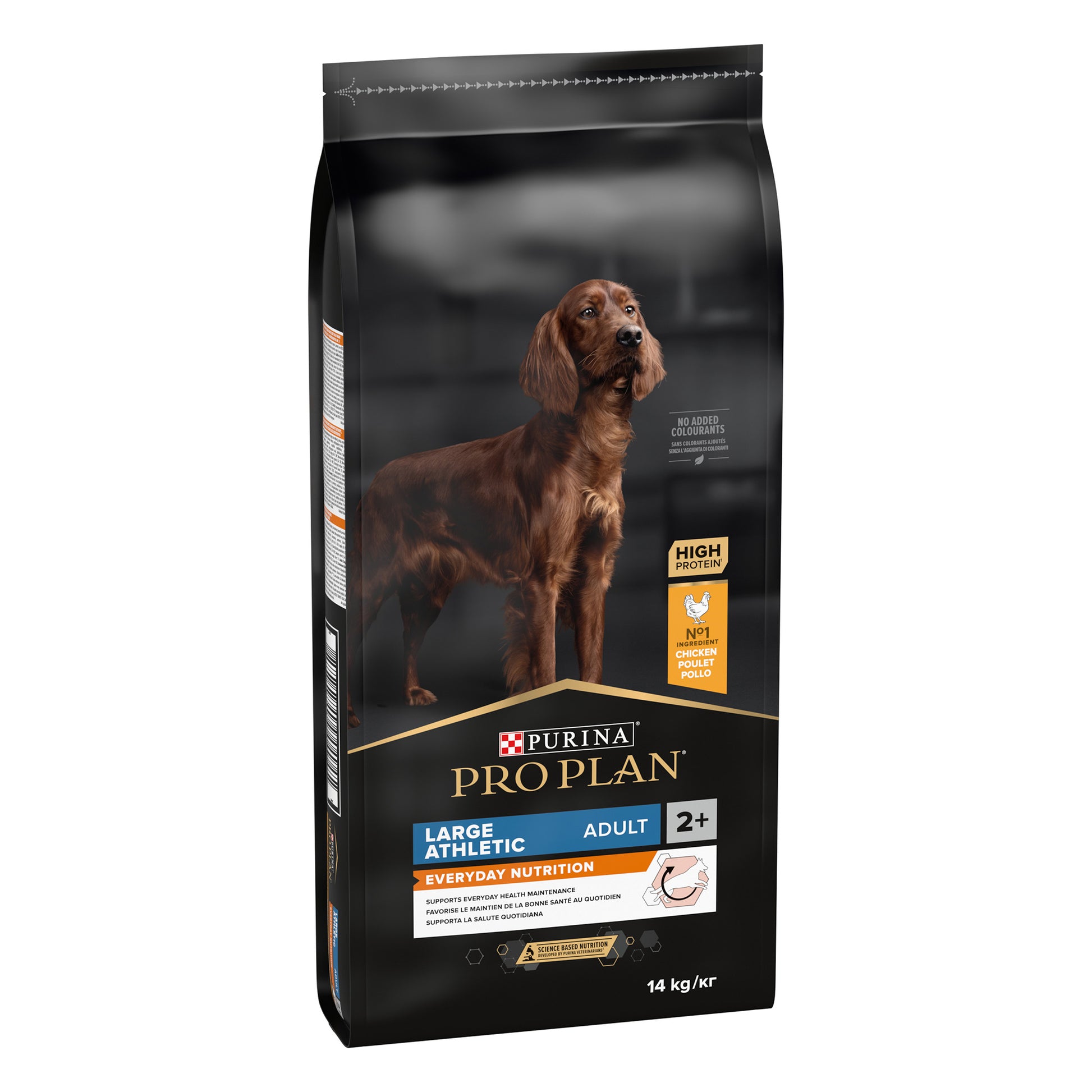 A bag of Pro Plan dry dog food with an image of a dog on the front.