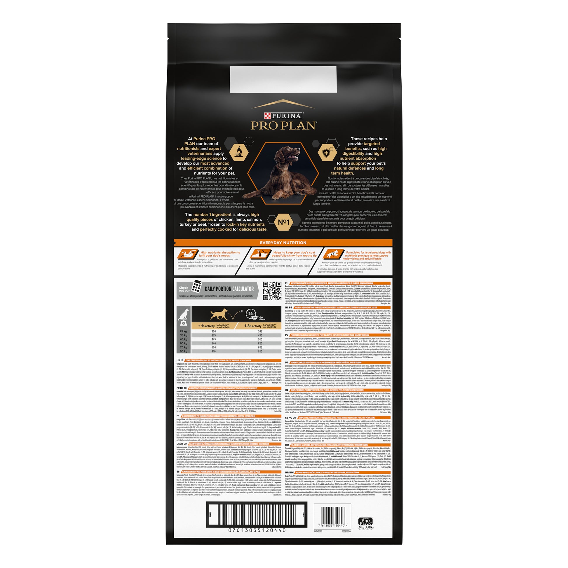 Pro Plan dog food packaging with detailed information on a white background