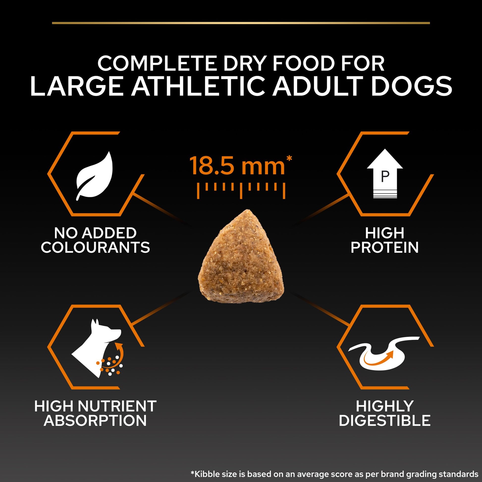 Dog food product with features on a black background