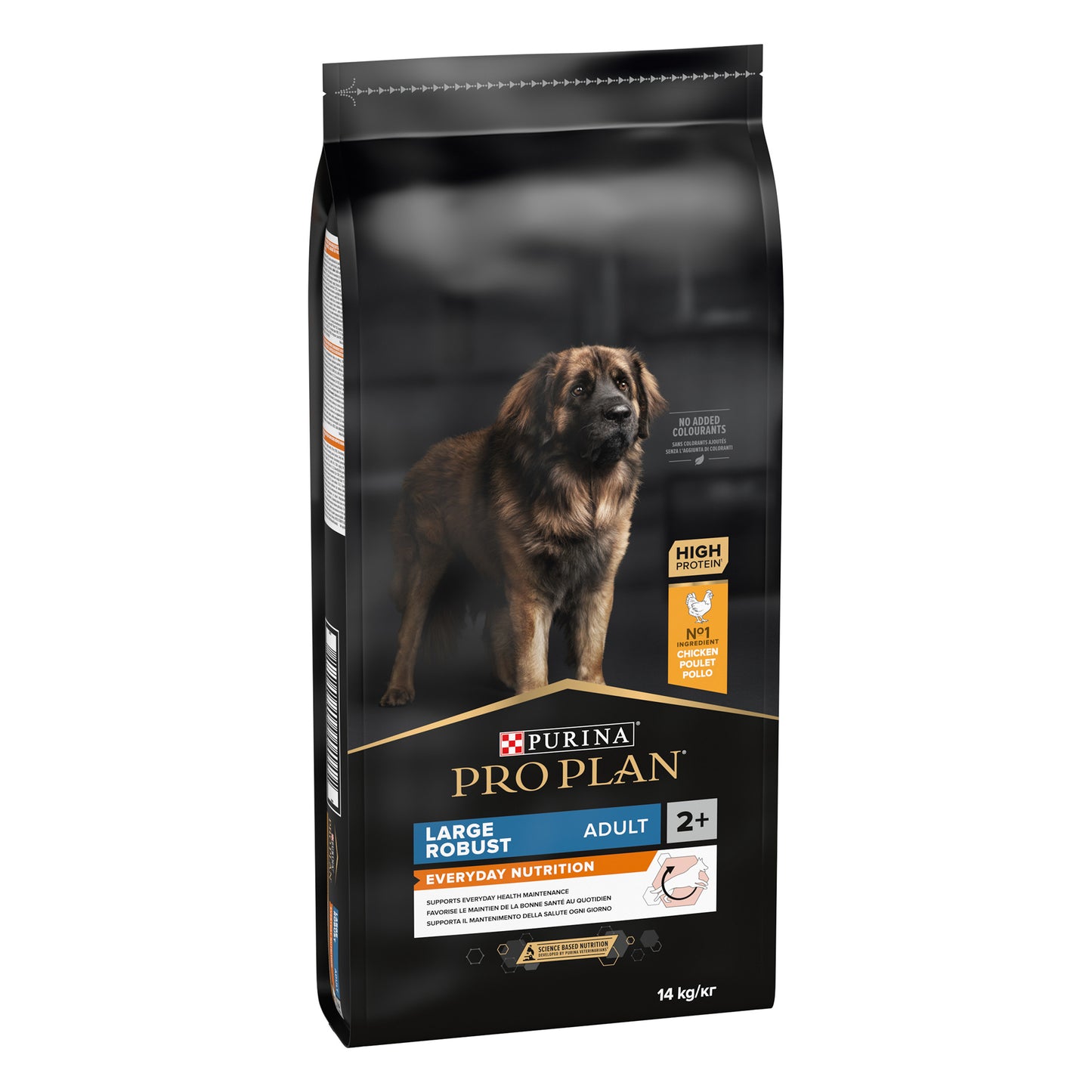 Dog food package with a dog image and branding on a white background