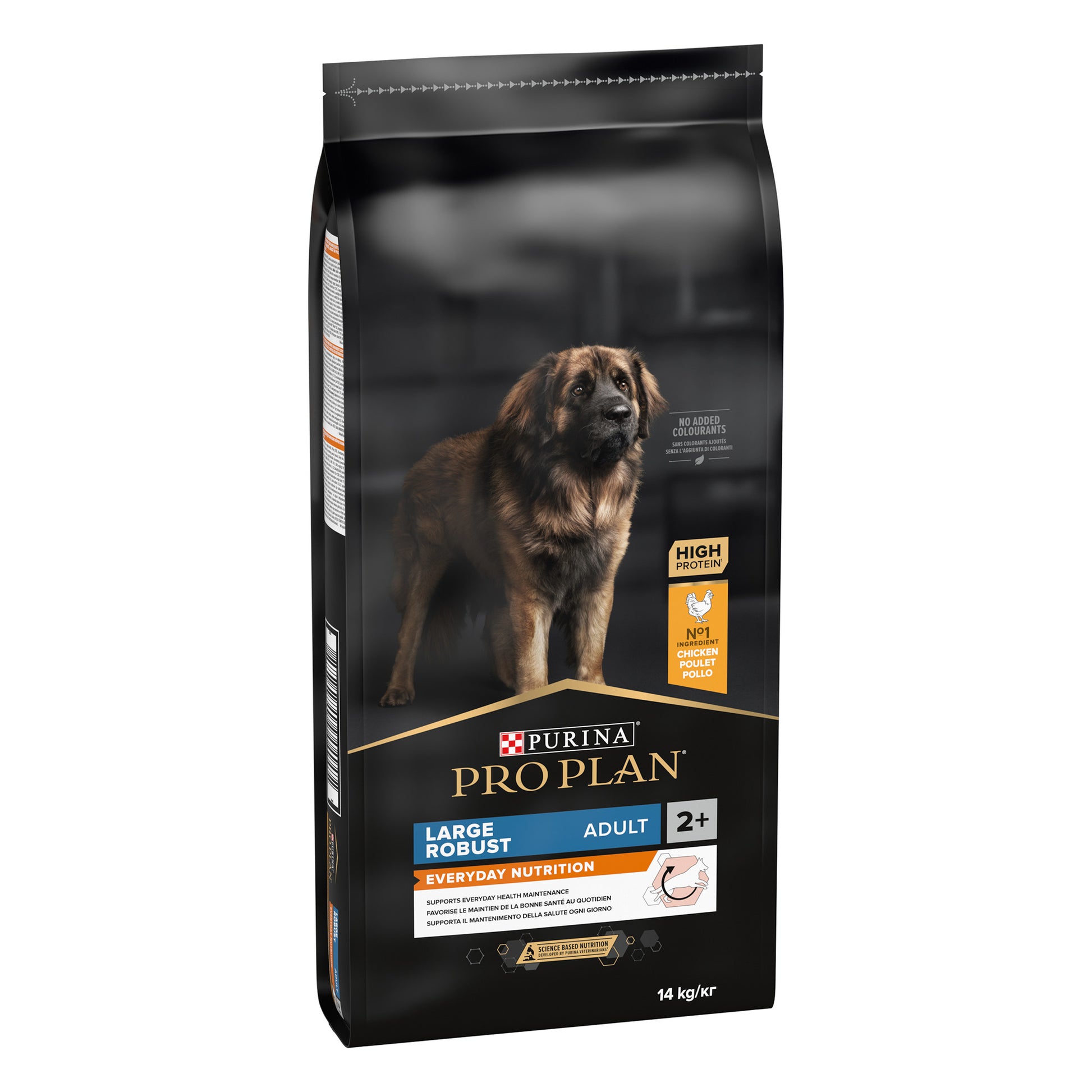 Dog food package with a dog image and branding on a white background
