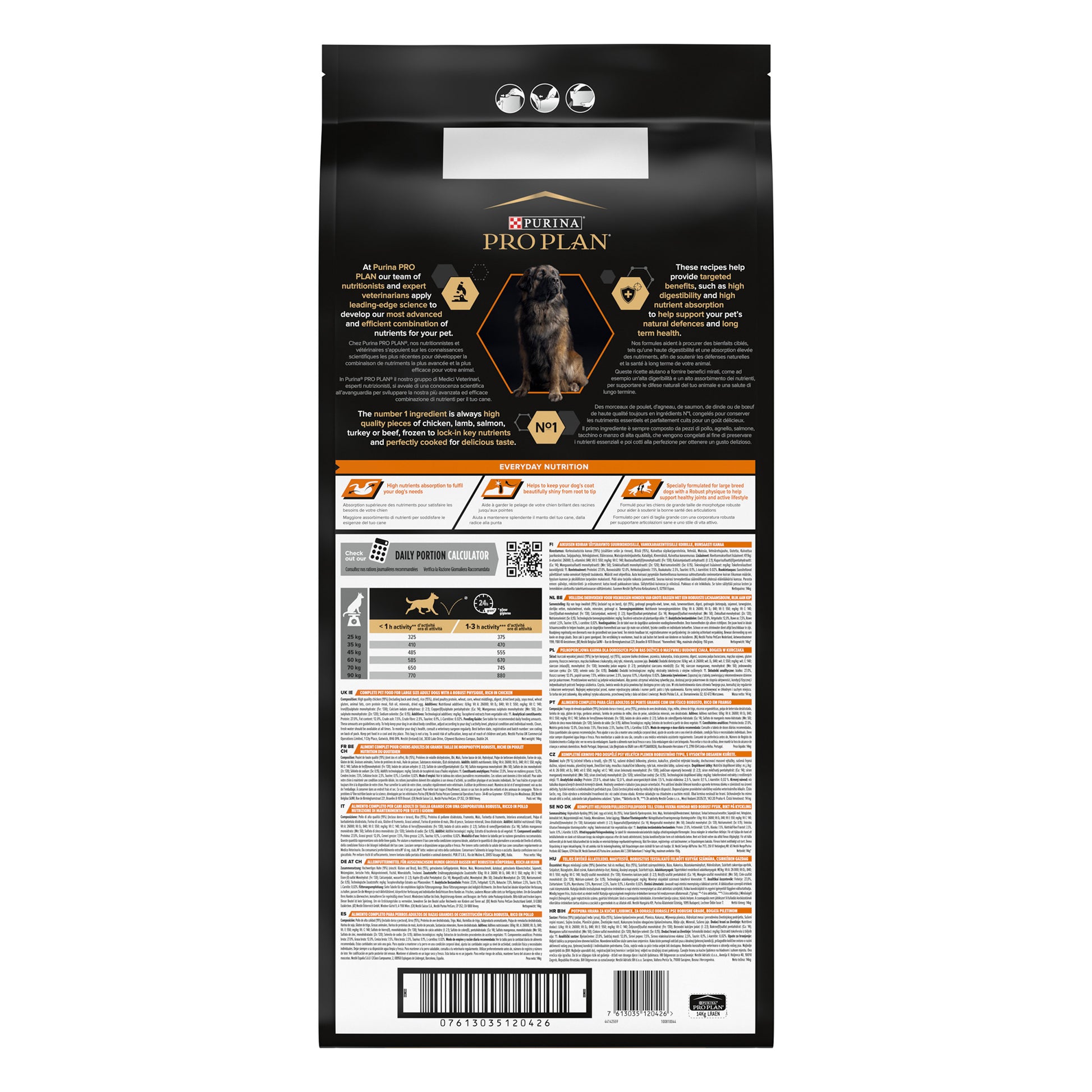 Pet food packaging with detailed information and branding