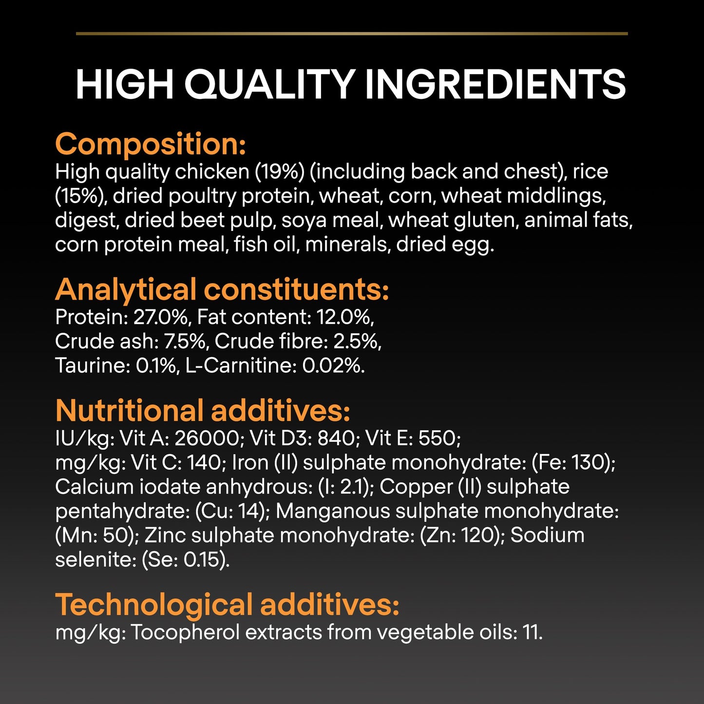 List of high quality ingredients and nutritional information on a black background
