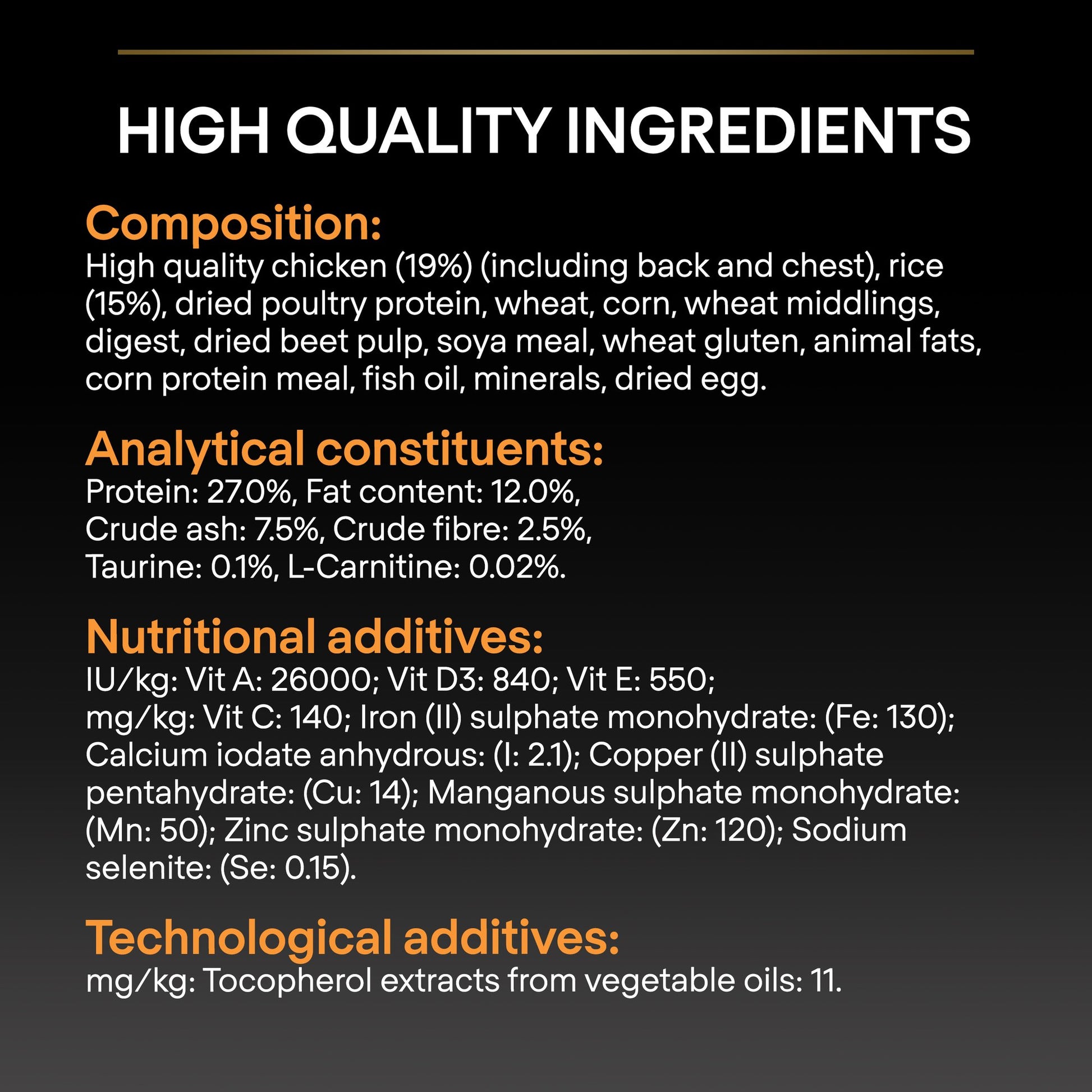 List of high quality ingredients and nutritional information on a black background