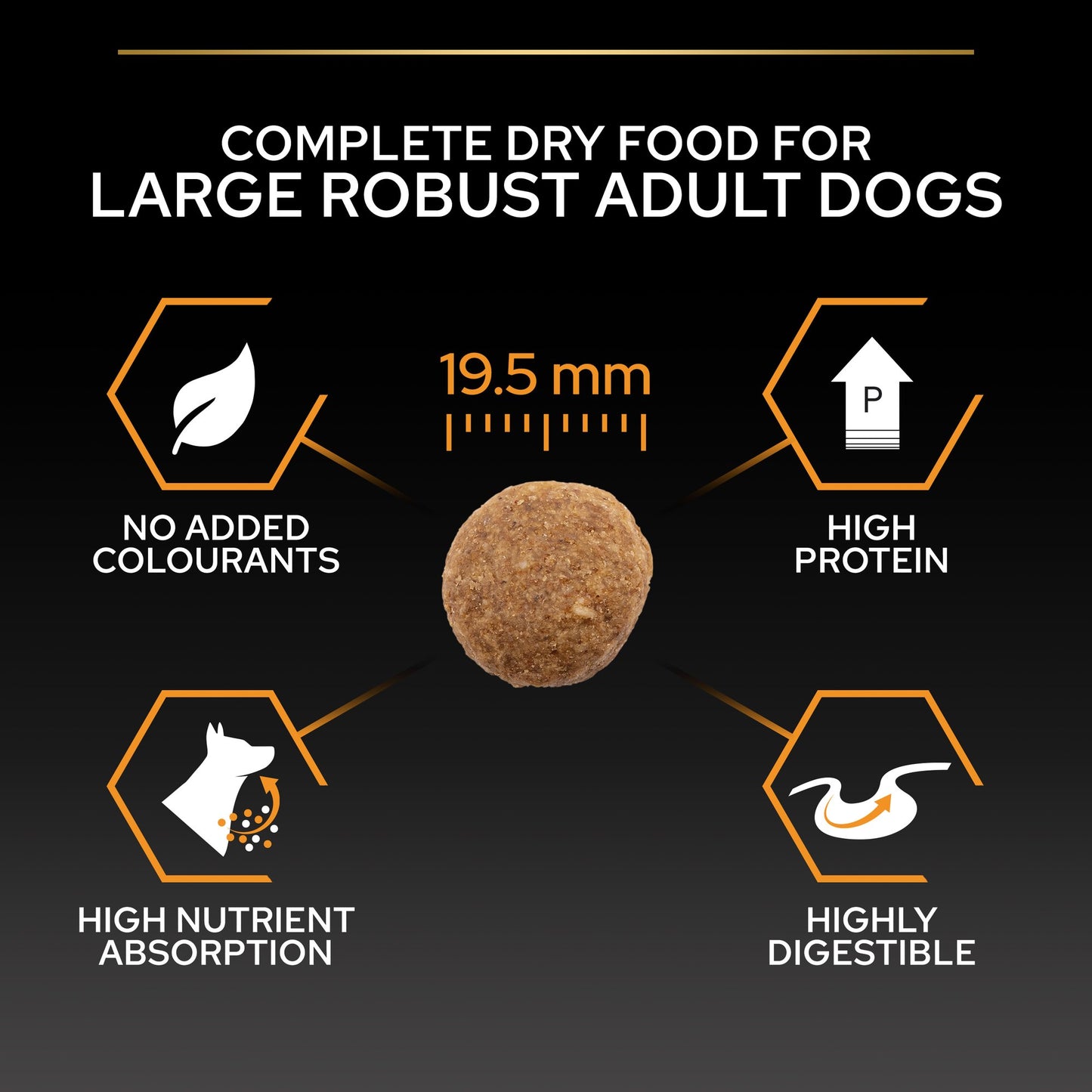 Pet food packaging with product details and dog food ball on black background
