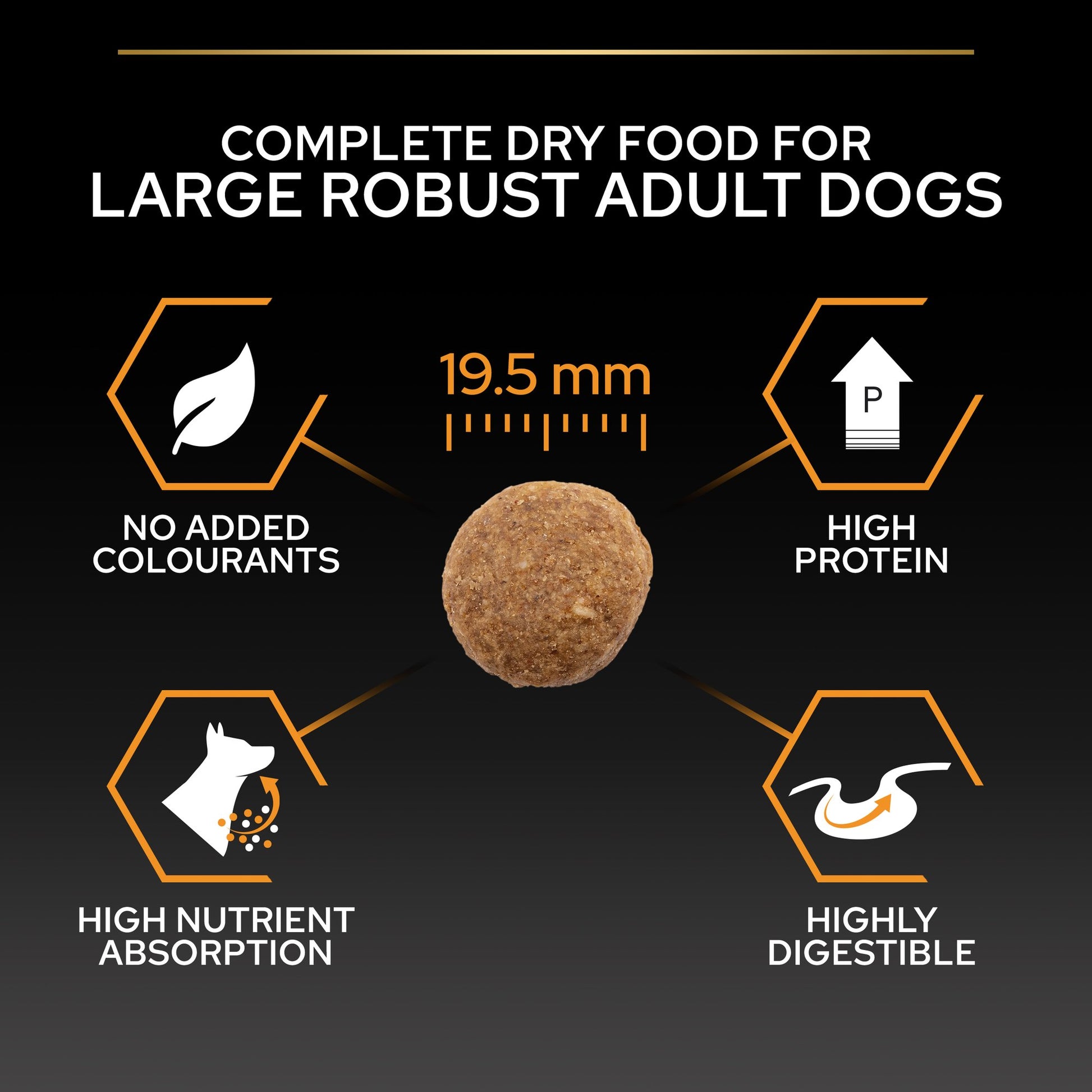 Pet food packaging with product details and dog food ball on black background