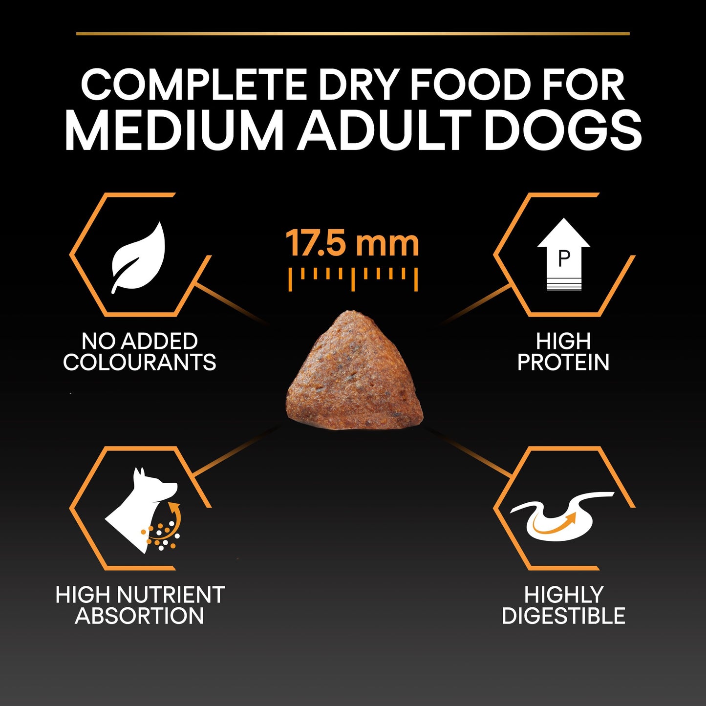 Dog food packaging with product details and dog icon on black background