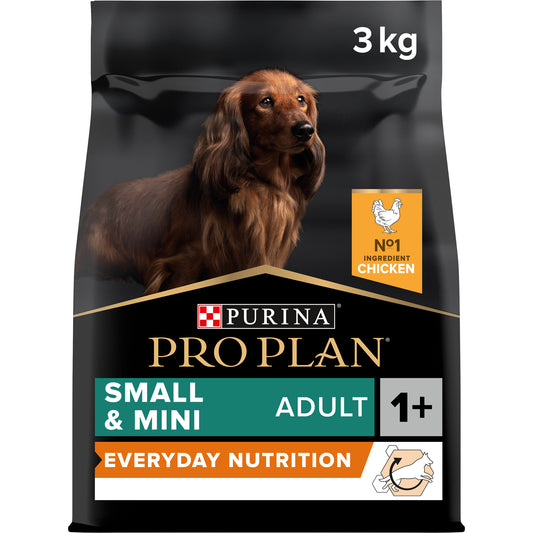 A package of Pro Plan Everyday Nutrition Small and Mini Adult dry dog food with chicken, featuring an image of a brown dog on the front.
