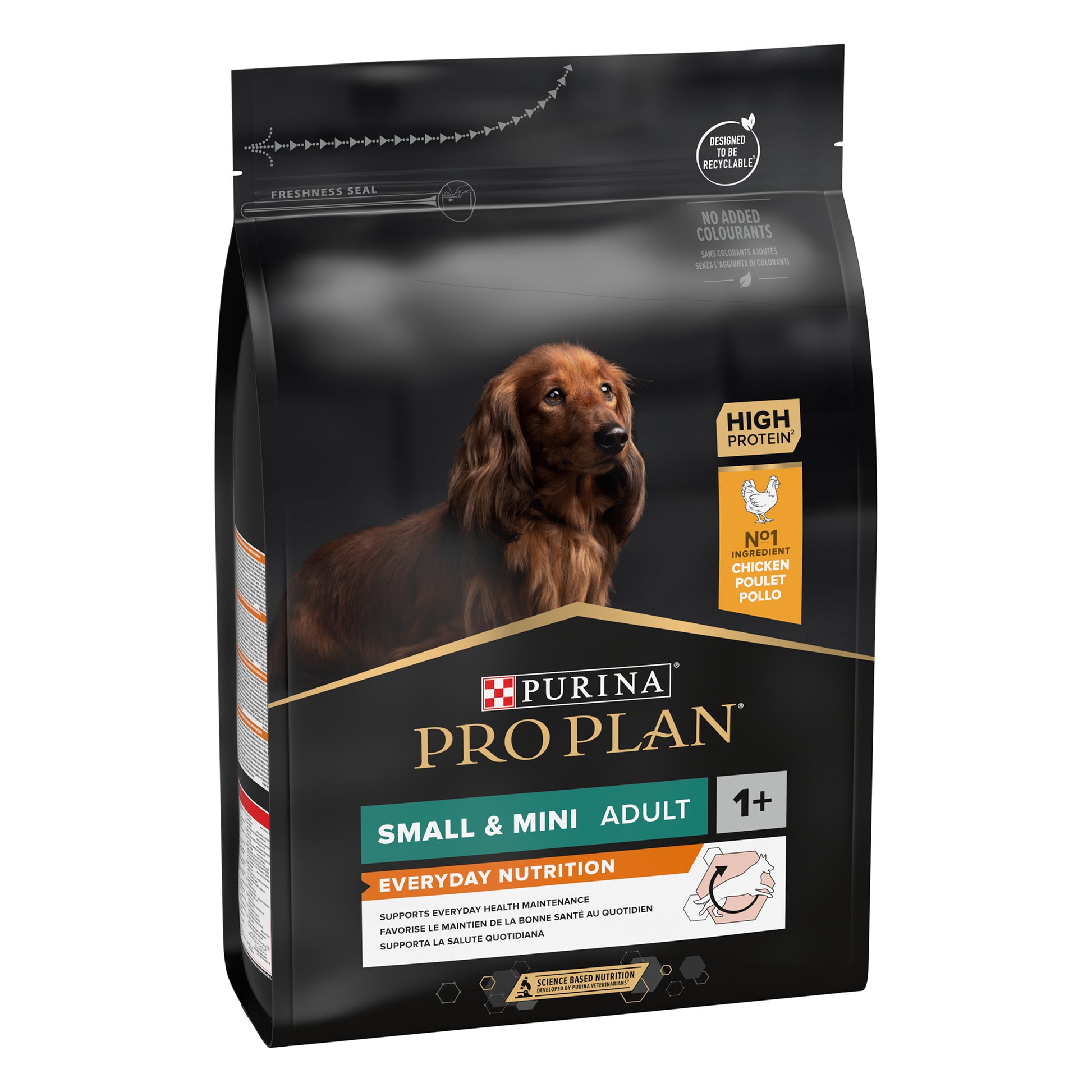 Dog food package with a dog's face on a black background