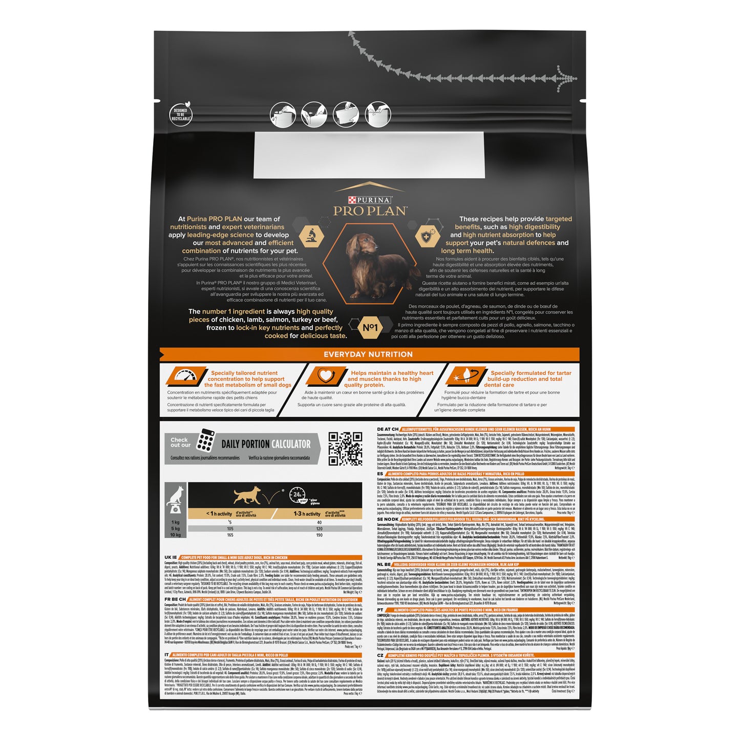 Pet food packaging with detailed nutritional information and QR code.
