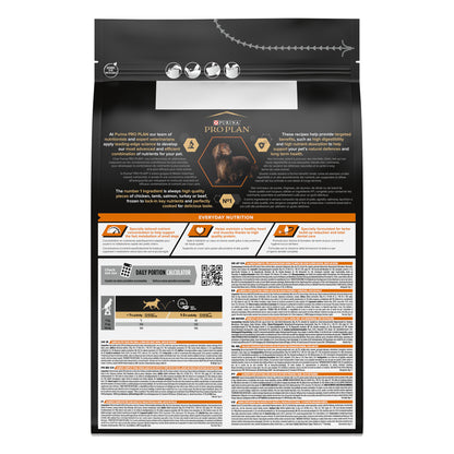 Pet food packaging with detailed nutritional information and QR code.
