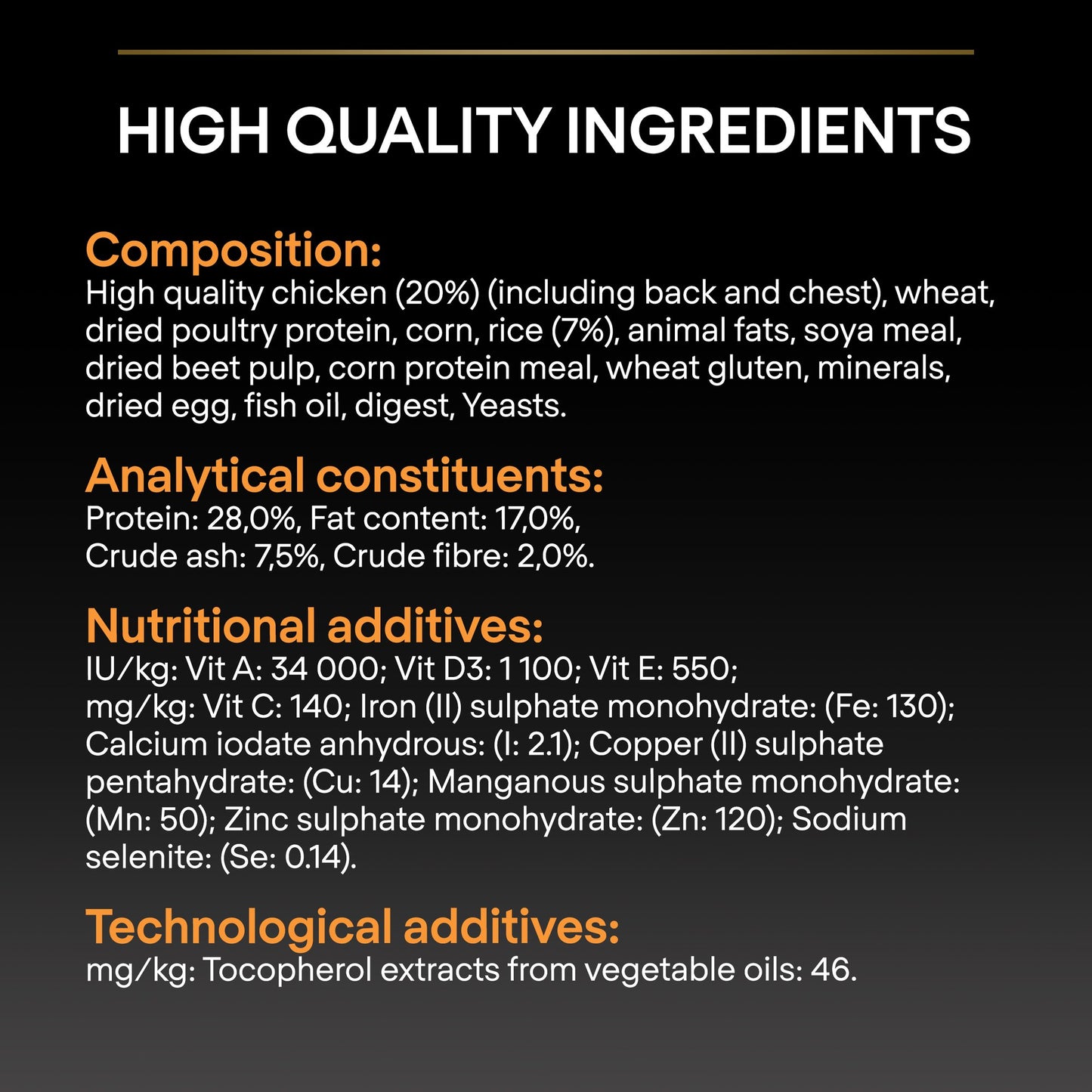 Nutritional label with high quality ingredients and additives