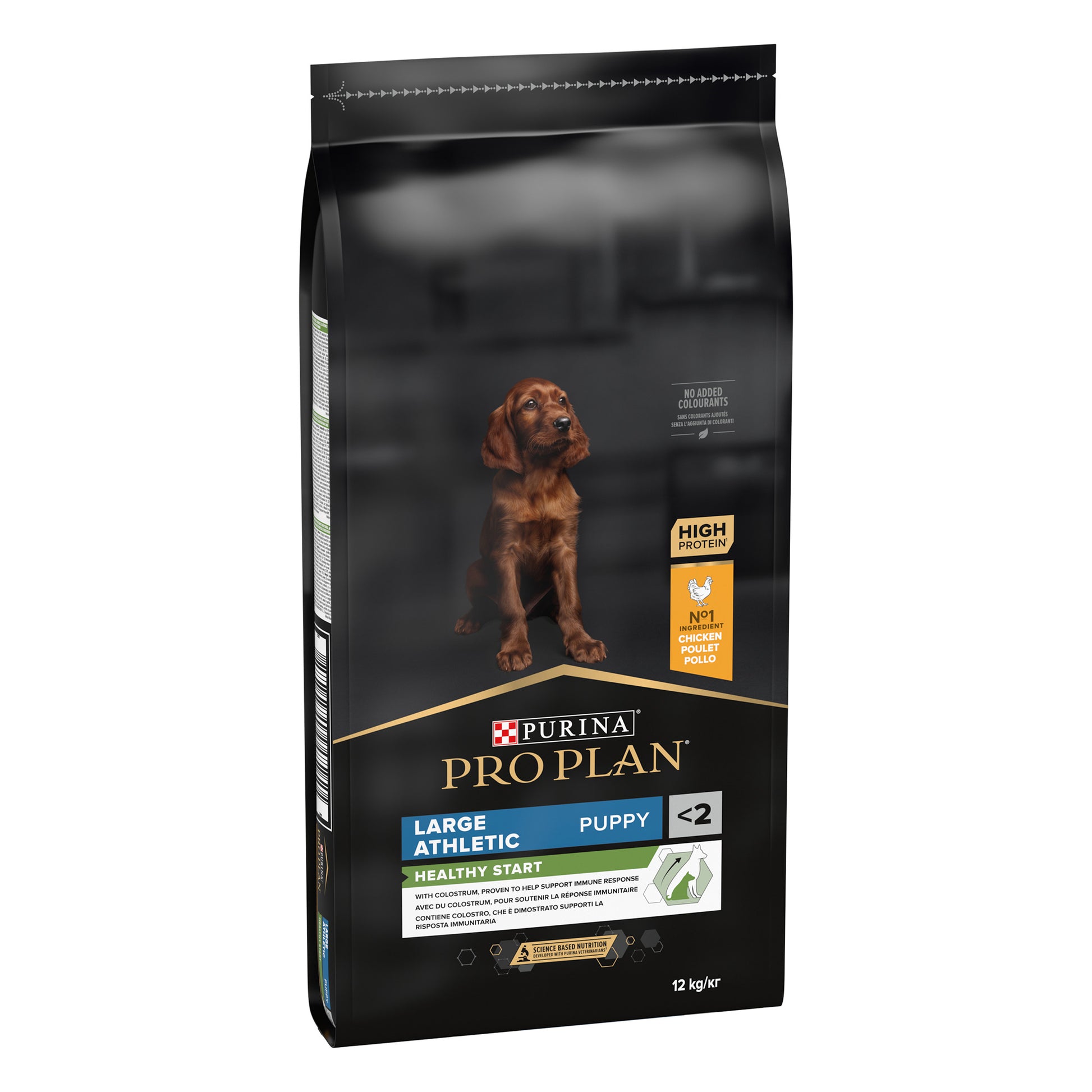 A bag of Pro Plan Healthy Start Large Athletic Puppy dry dog food with chicken. The packaging is predominantly black with an image of a brown puppy on the front.
