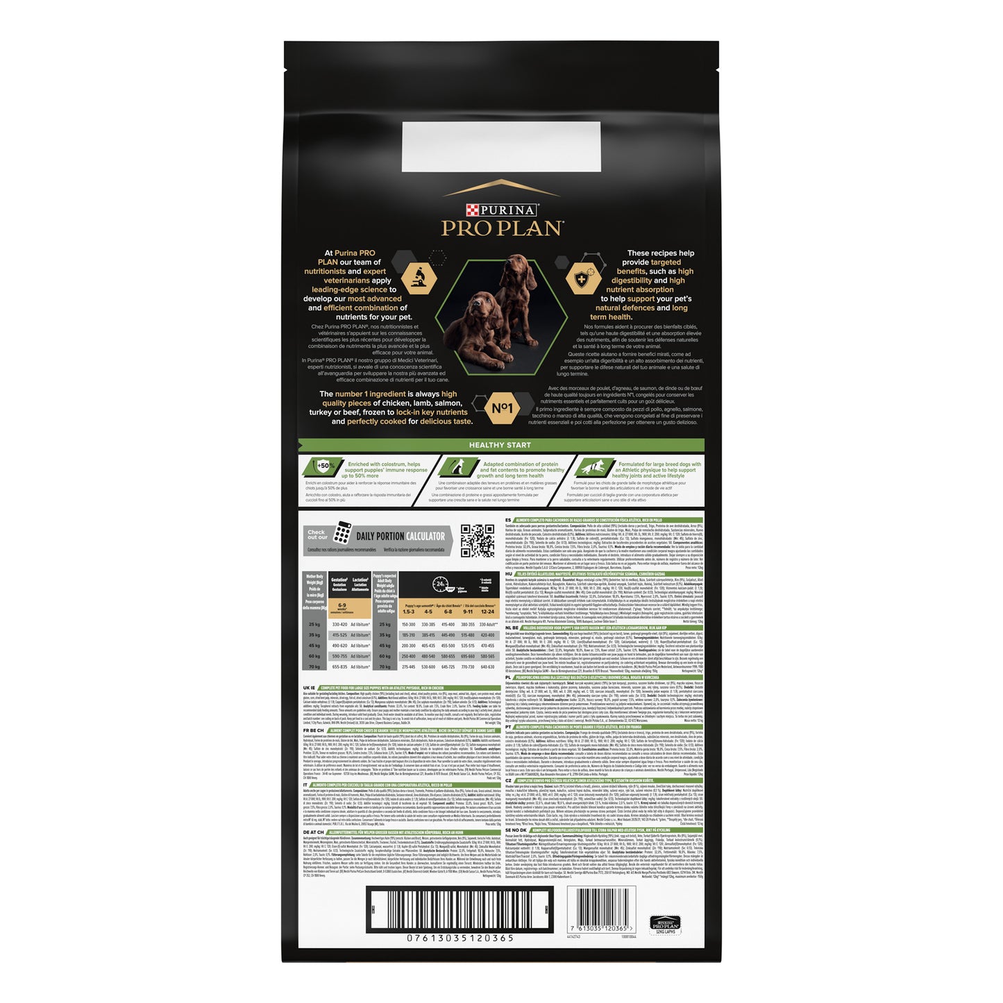 Purina Pro Plan dog food package with nutritional information on a white background