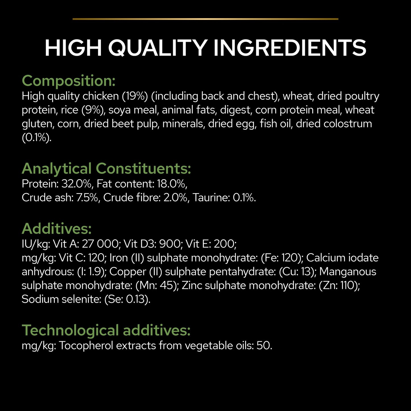 List of high-quality ingredients and nutritional information on a black background