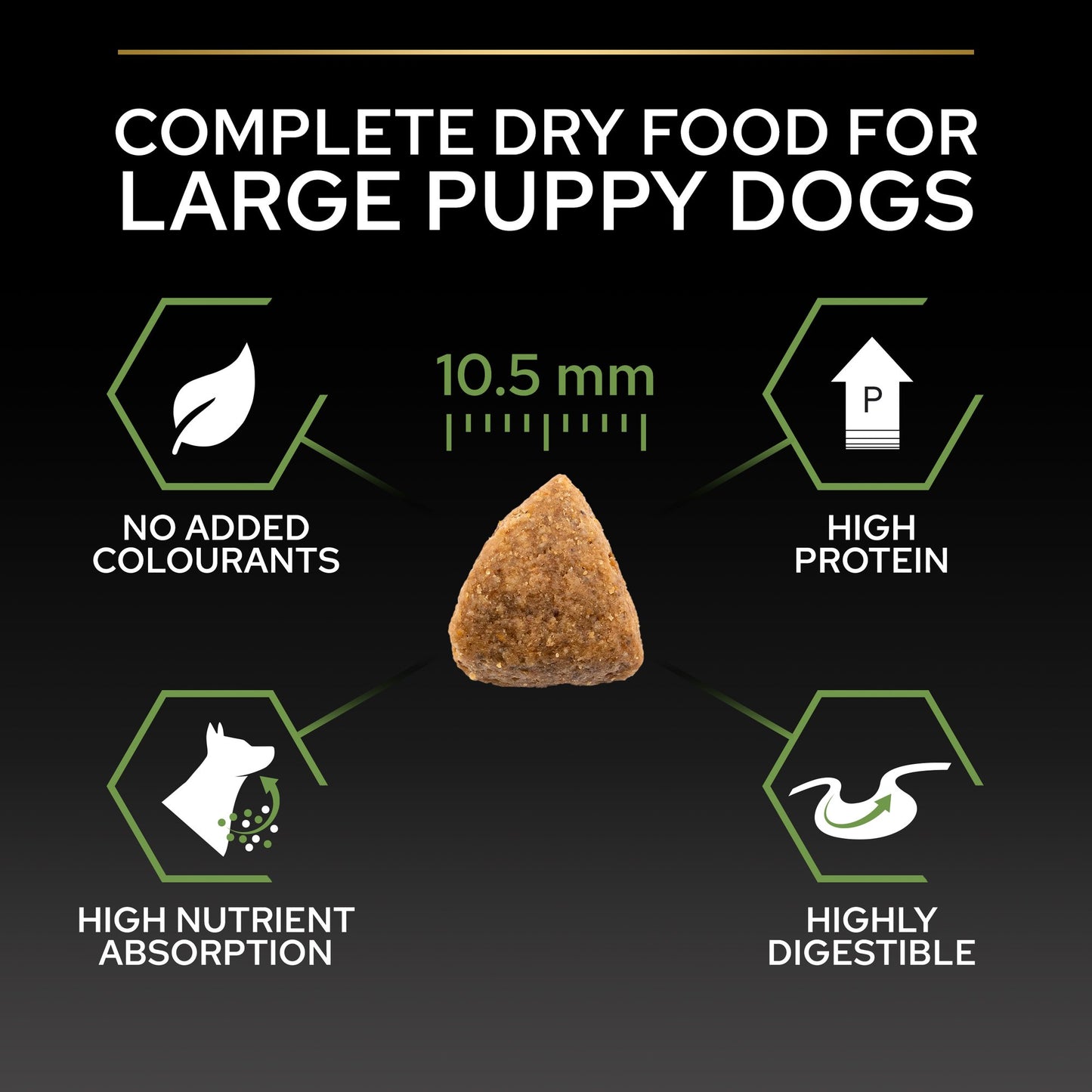 Dog food product with features highlighted on a black background