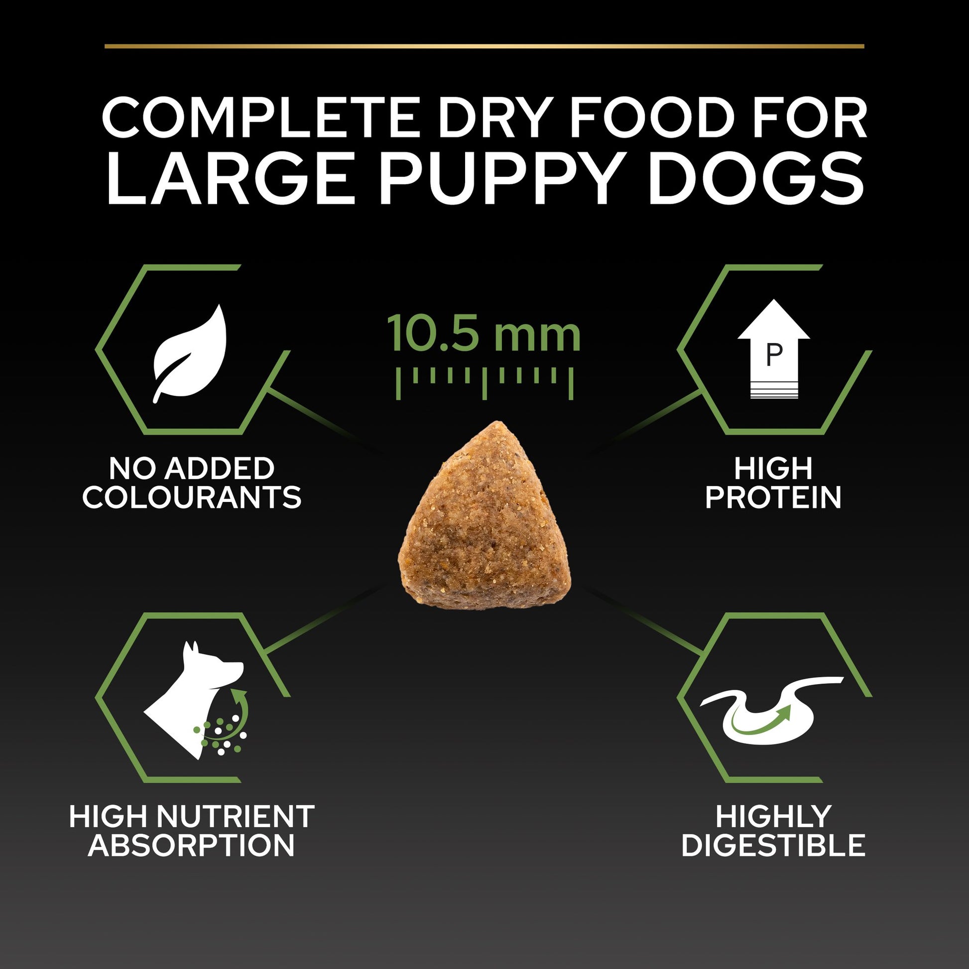 Dog food product with features highlighted on a black background