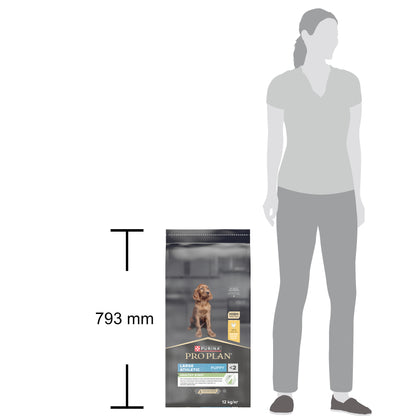 Dog food package next to a person's silhouette with dimensions indicated.