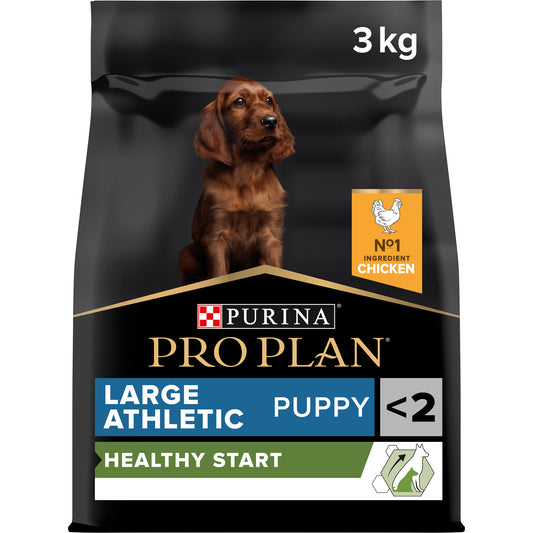 A bag of Pro Plan Healthy Start Large Athletic Puppy dry dog food with chicken, featuring an image of a dog on the front.