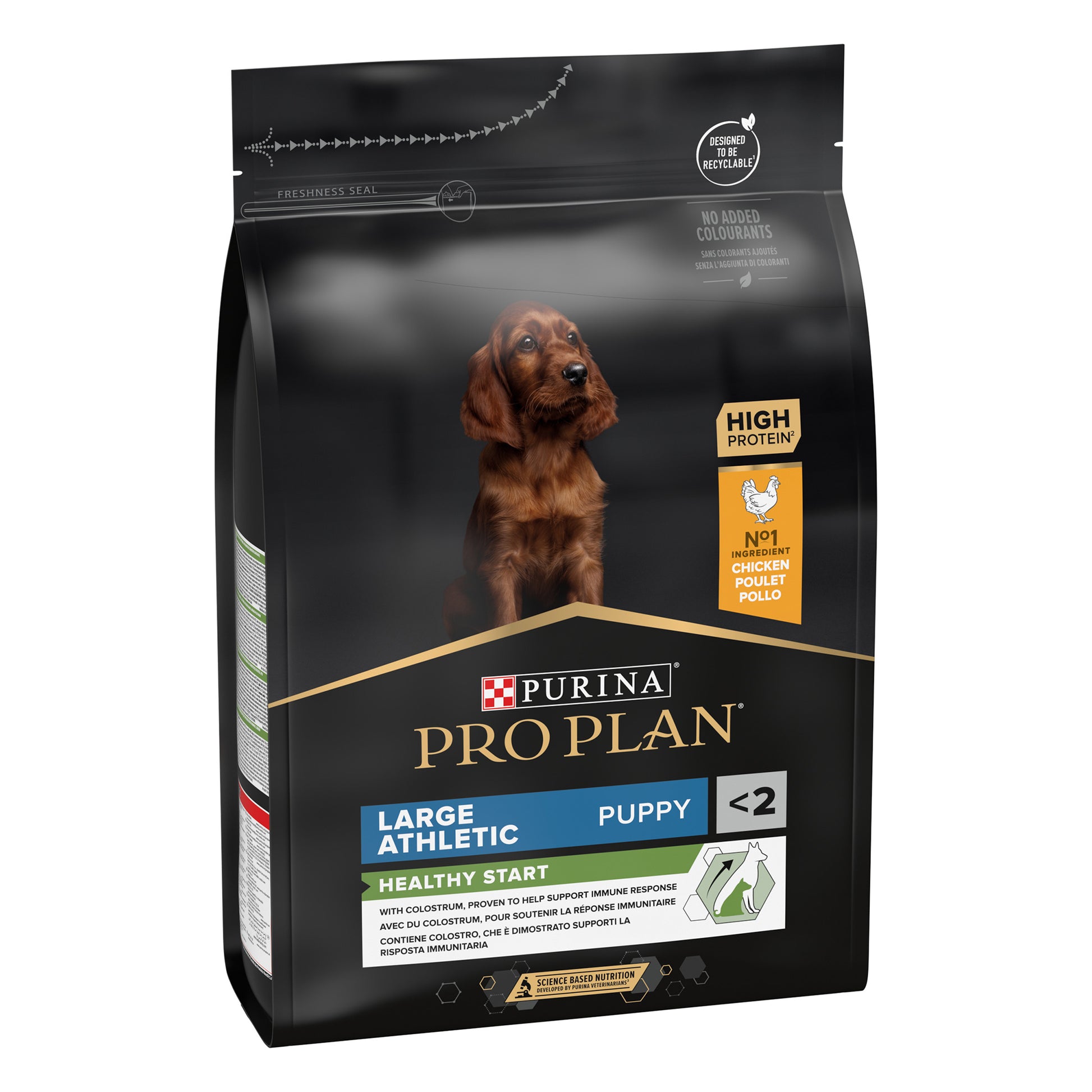 Purina Pro Plan dog food package for large athletic puppies on a white background