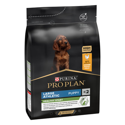 Purina Pro Plan dog food package for large athletic puppies on a white background