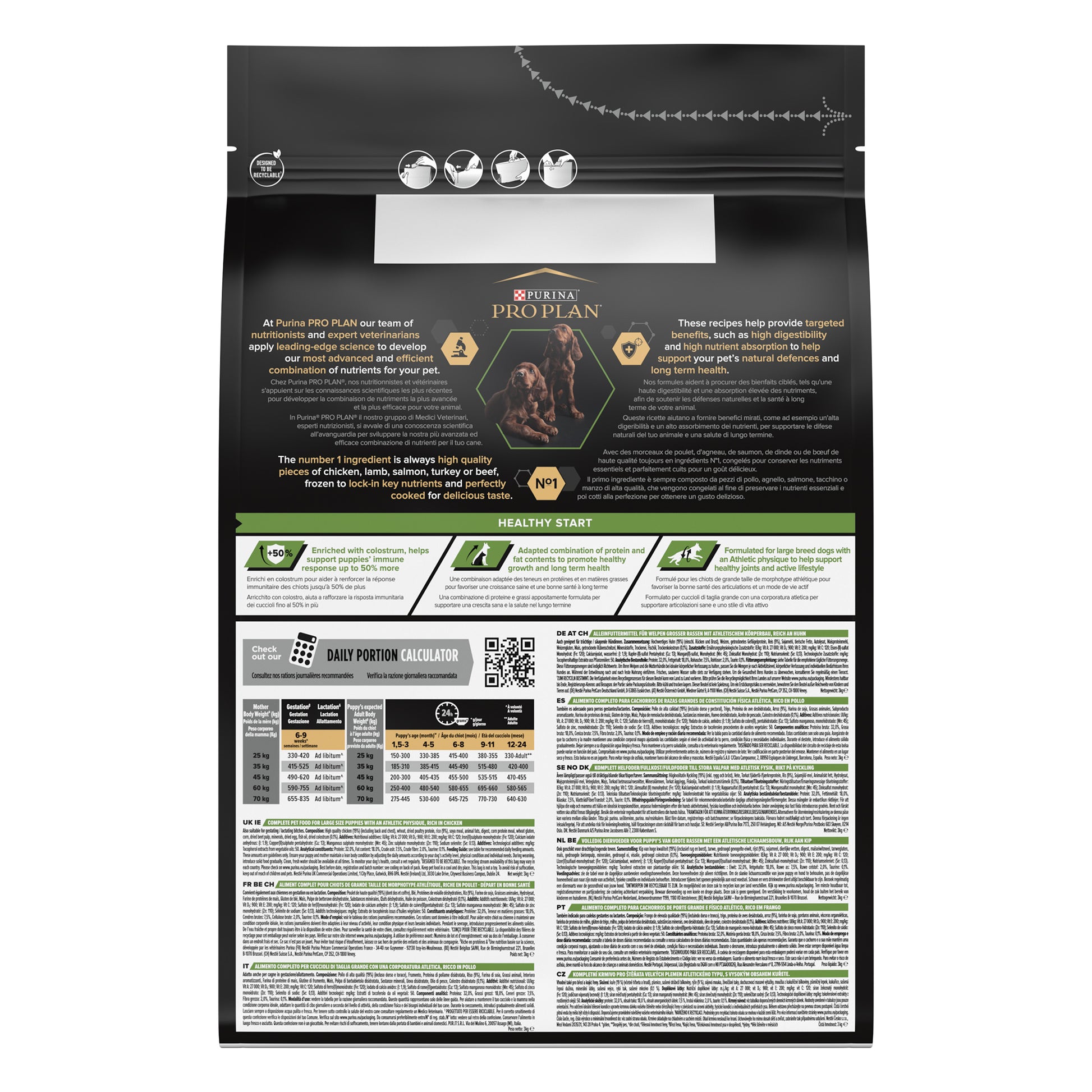 Pet food package with detailed nutritional information and branding on a white background