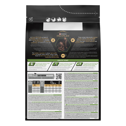 Pet food package with detailed nutritional information and branding on a white background