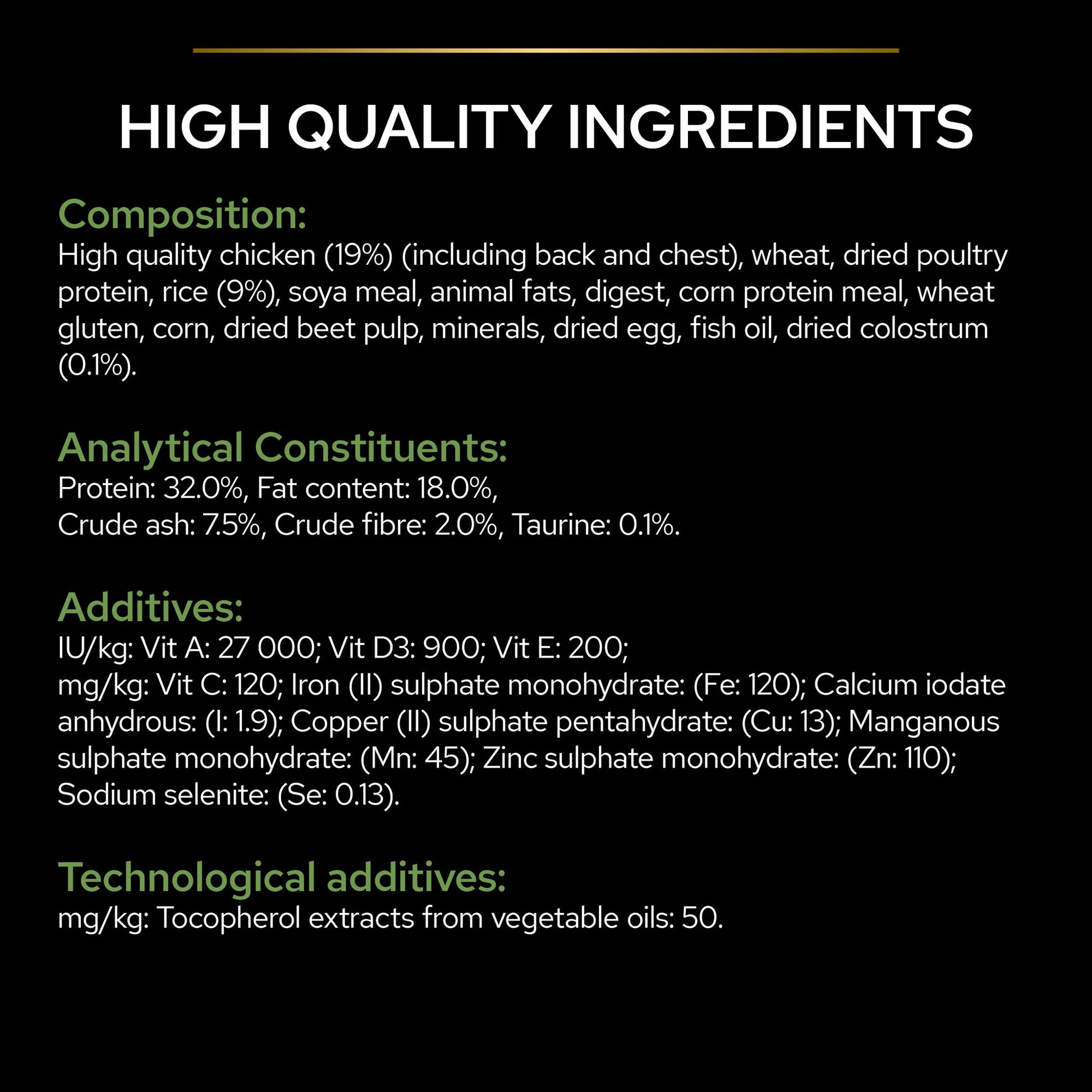 List of high-quality ingredients and nutritional information on a black background