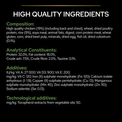 List of high-quality ingredients and nutritional information on a black background