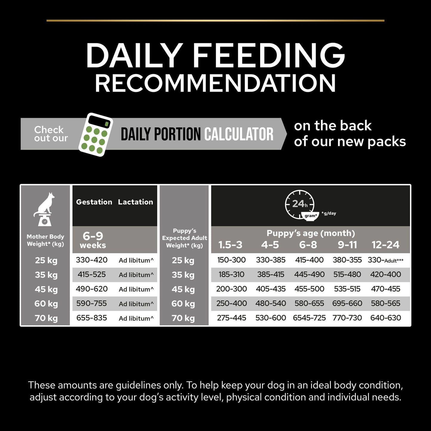 Dog feeding chart with daily portion recommendations based on mother dog weight and puppy age.