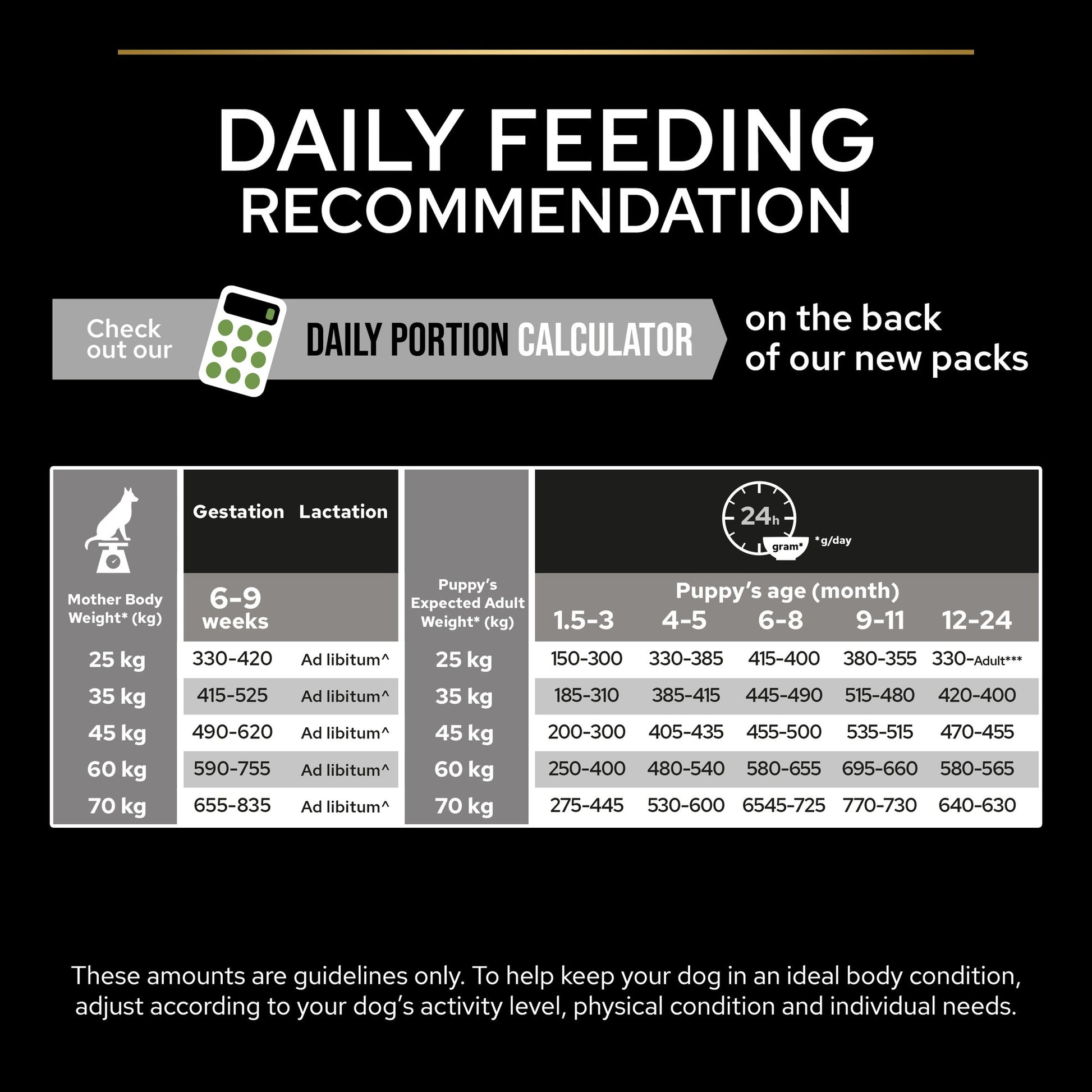 Dog feeding chart with daily portion recommendations based on mother dog weight and puppy age.