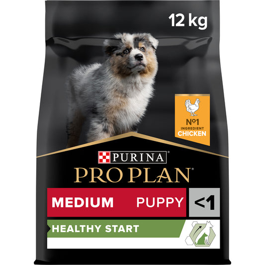 Dog food package with a dog's face on a black background and branding details.