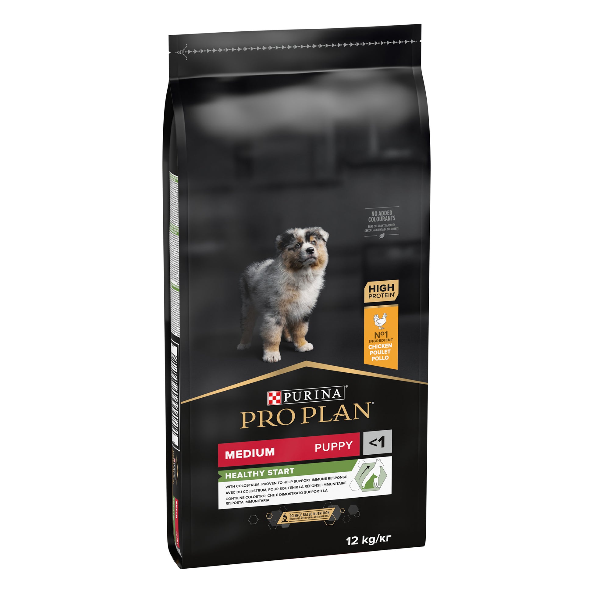 A bag of Pro Plan Healthy Start Medium Puppy dry dog food with chicken. The bag is predominantly black with an image of a puppy on the front.