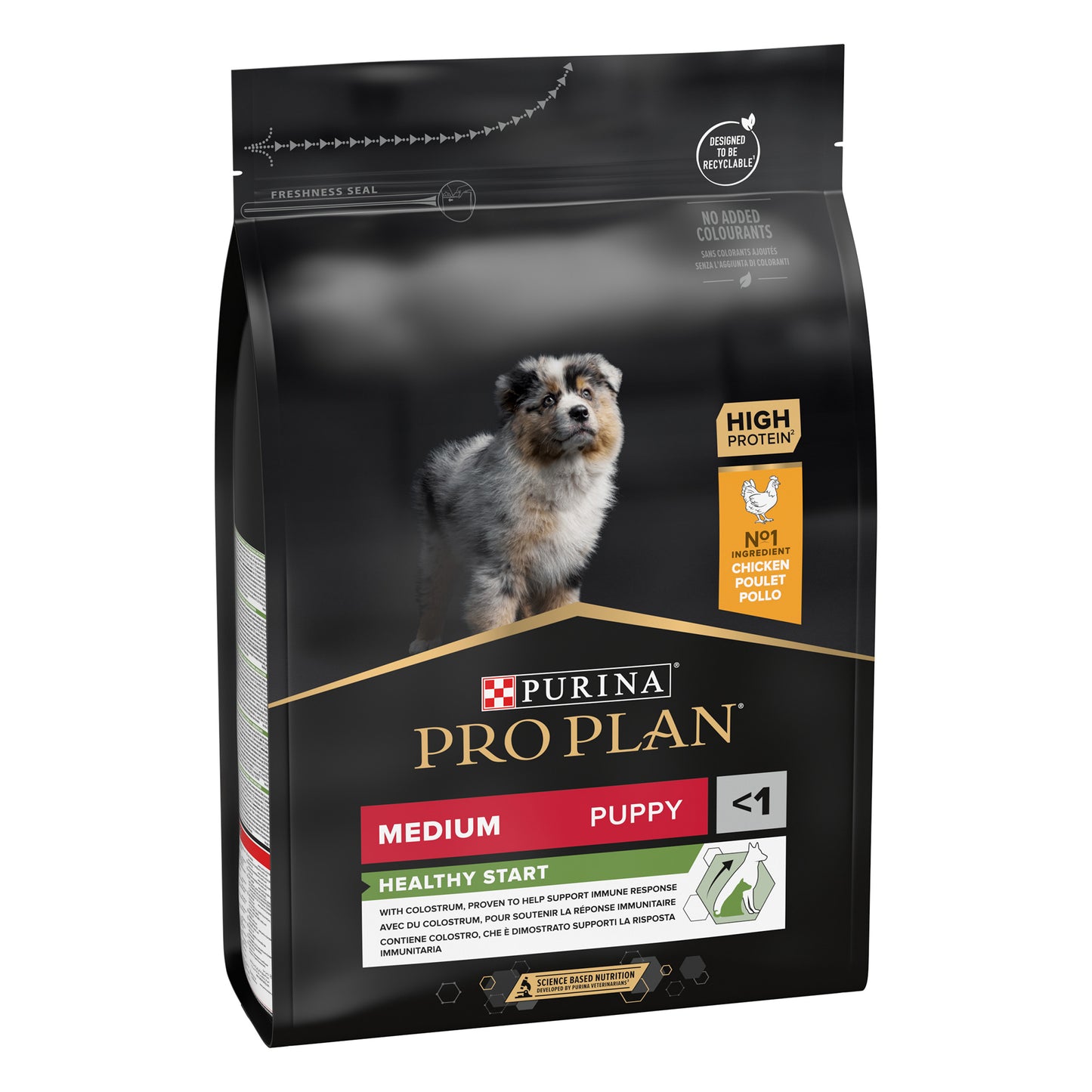 Dog food package with a dog image and branding