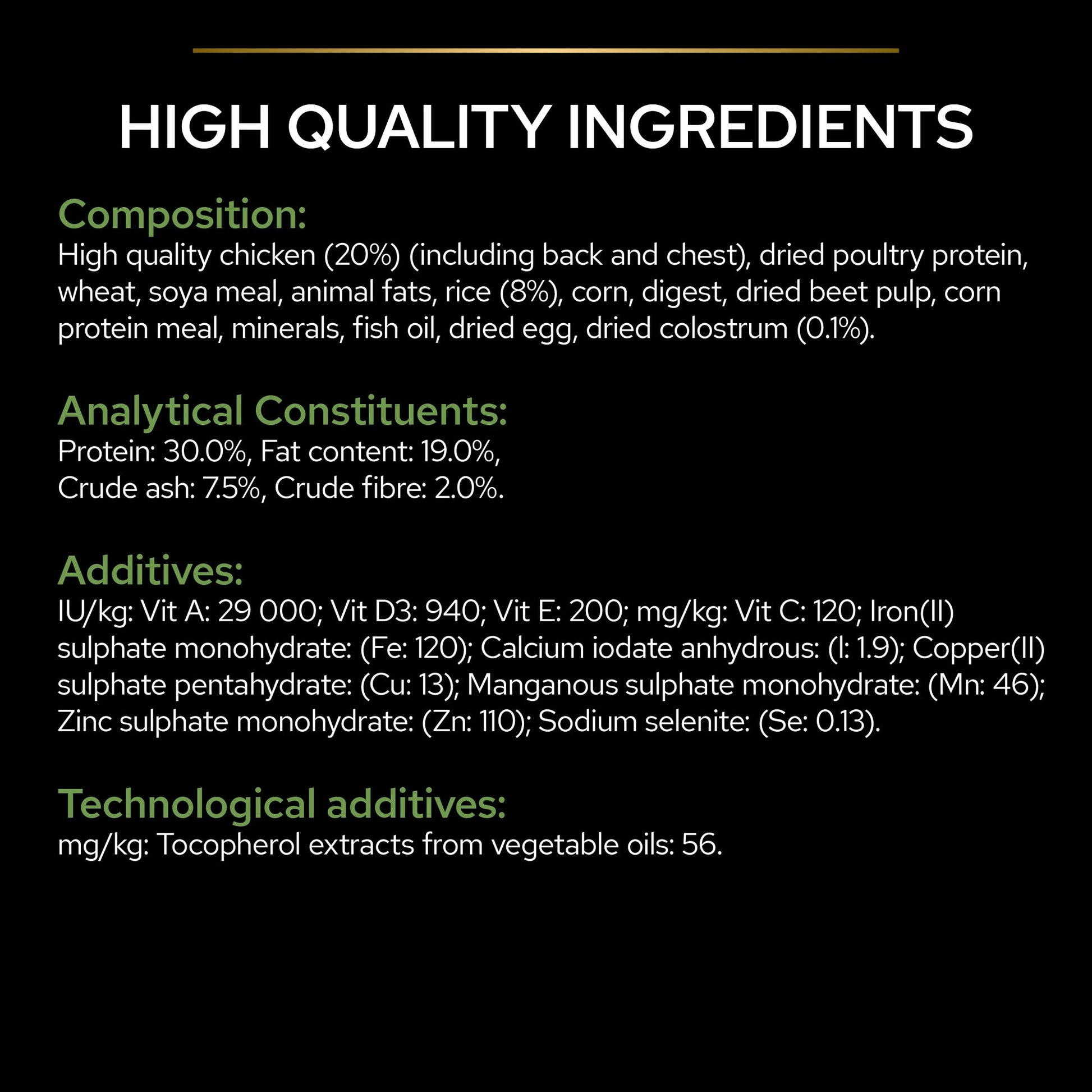 Nutritional label with high-quality ingredients and additives on a black background