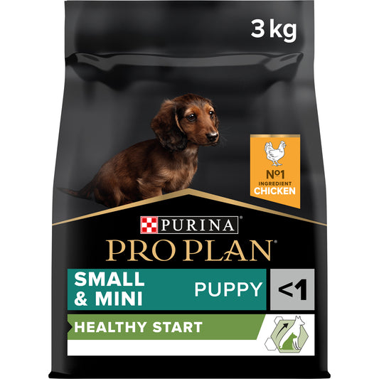 A bag of Pro Plan Healthy Start Small and Mini Puppy dry dog food with chicken. The package is black with an image of a brown puppy and text detailing the product type and size.