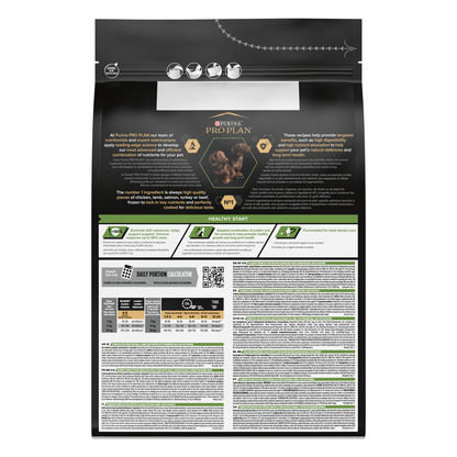 Pet food packaging with detailed nutritional and product information.