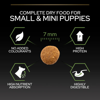 Dog food packaging with product features on a dark background