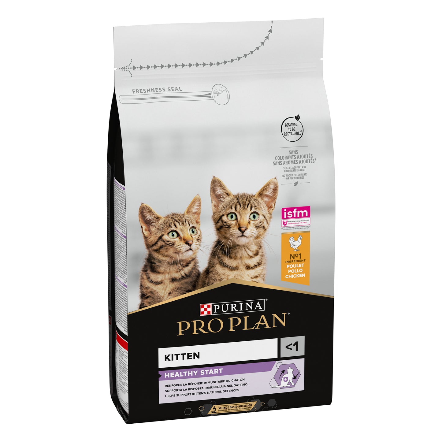 Cat food package for kittens with two kittens on the packaging.