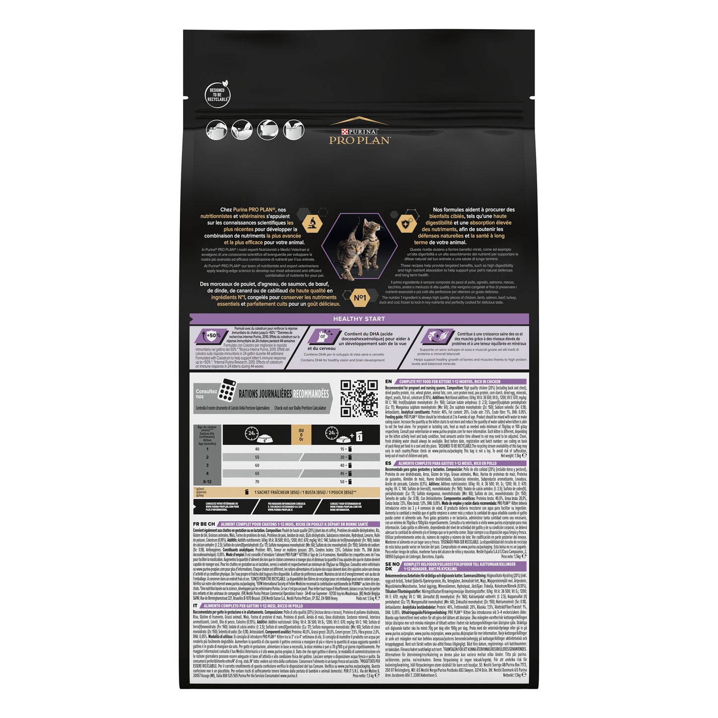 Pet food packaging with detailed text and labels
