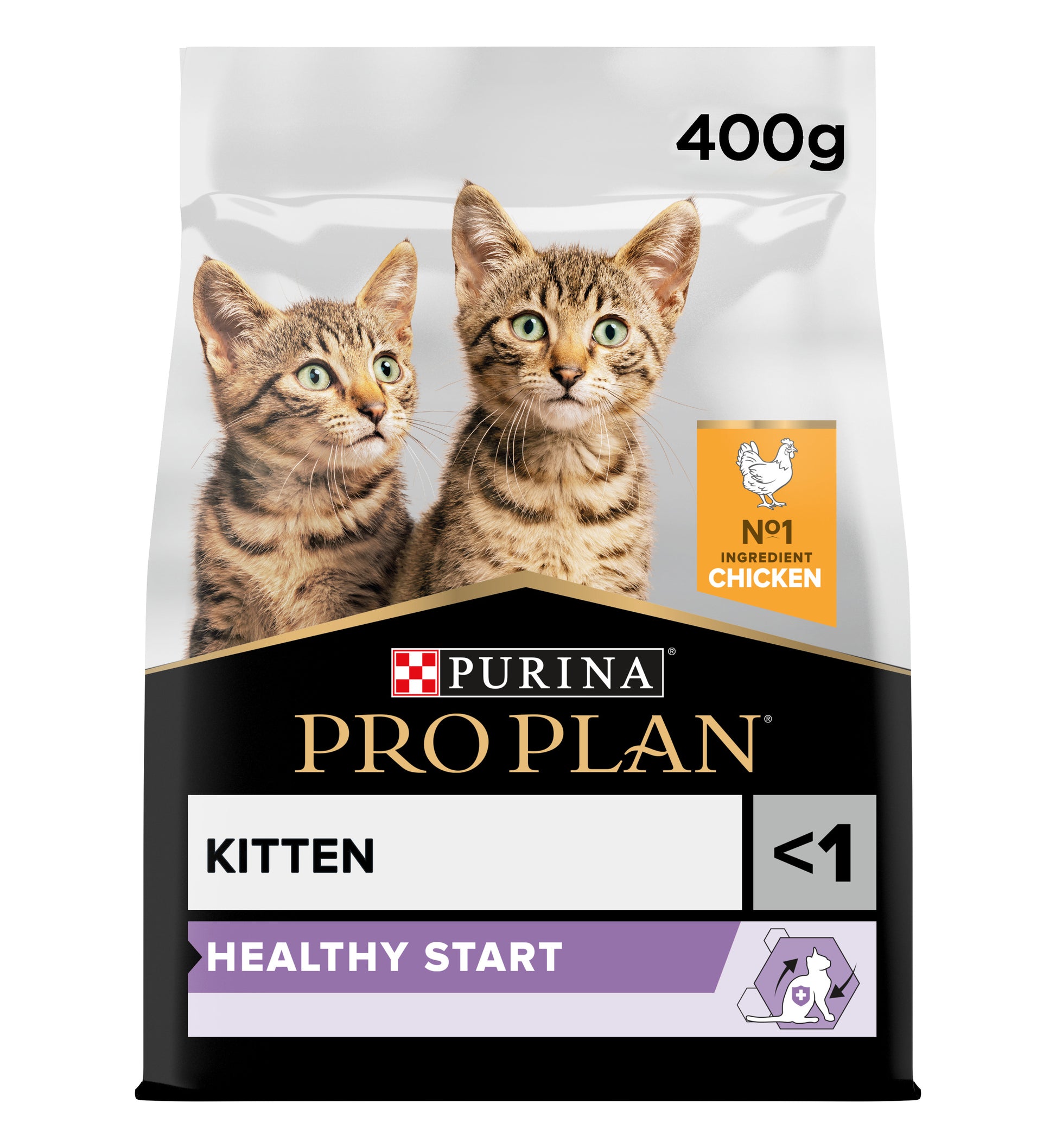 A package of Pro Plan Kitten Healthy Start Dry Cat Food with Chicken, featuring an image of two kittens and the product name and weight.
